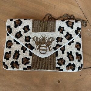 Beaded Leopard Envelope Clutch with Bee Motif - Cream and Brown